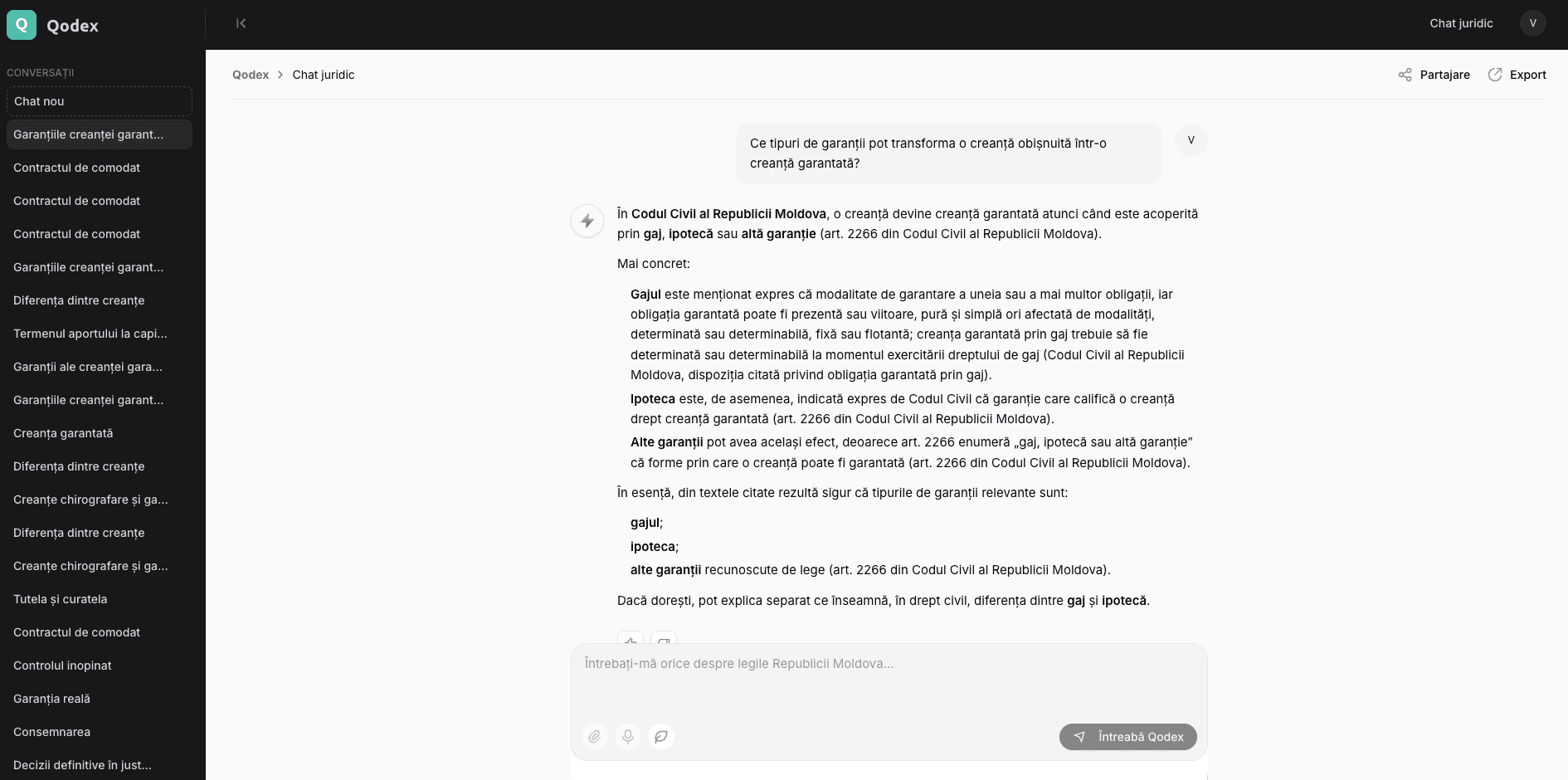 Qodex — interfață chat juridic